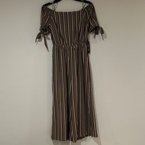 Doe & Rae Brown Striped Off-Shoulder Jumpsuit